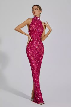 Elevate your evening looks with the exquisite Louise Rose Red Diamond Maxi Dress. Embellished with sparkling diamond, perfect for formal occasions. This sleeveless, sexy gown showcases sophistication and style. Make a statement in this stunning long dress, crafted for the empowered and confident woman.  Dress Length: Approx 155cm Materials: Spandex Gentle Dry Clean Only  The model is 5 ft 7 and wears size S  Color may vary due to lighting on images. The product images (without a model) are close Hot Pink Gowns, Gowns Dresses Pink, Zendaya Gown, Svecane Haljine, Prada Gown, Gemstone Dress, Stunning Dresses Gowns, Rhinestone Gown, Gown Photoshoot