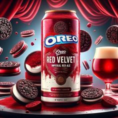 an advertisement for oreo red velvet with cookies and ice cream on the table next to it