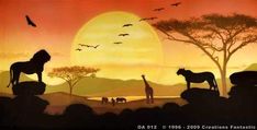 the silhouettes of animals and birds are shown in this painting