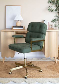 a green office chair sitting on top of a rug