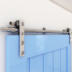 a blue sliding door with two rollers on the top and bottom bars attached to it