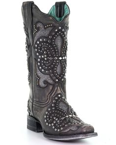 Corral Women's Black Inlay Western Boots - Square Toe, Black Corral Boots Womens, Boots Mid Calf, Womens Cowgirl Boots, Corral Boots, Boots Square Toe, Square Toe Boots, Dress Boots, Boots Womens, Cowboy Boot