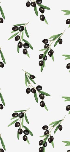 an olive branch with green leaves and black olives on a white background seamless pattern