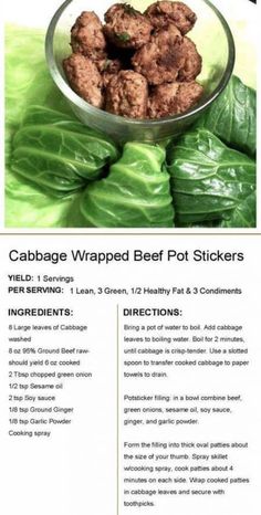 the recipe for cabbage wrapped beef foot stickers is shown in this brochure