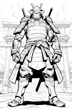 a drawing of a samurai standing in front of a gate