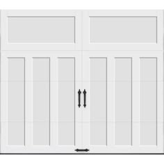 a white double garage door with two black arrows on the front and side paneling