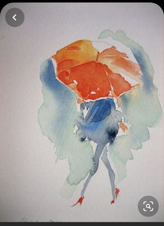 a watercolor painting of a woman holding an orange and blue umbrella over her head