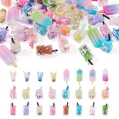 an assortment of ice cream and popsicle shaped candies on white background with clippings