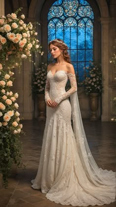 a woman in a wedding dress standing next to a flower arch with roses on it