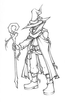 a black and white drawing of a wizard with a hat, holding a staff in his hand