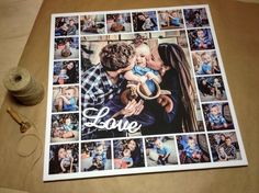 a photo collage with the words love surrounded by photos and thread on a table