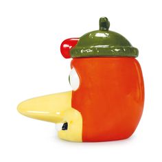 an orange and yellow ceramic bird with a green lid