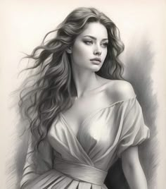 a drawing of a woman with long hair wearing a dress and holding her hand on her hip