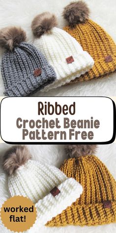 three crochet beanie hats with pom poms on top and the text ribbed crochet beanie pattern free