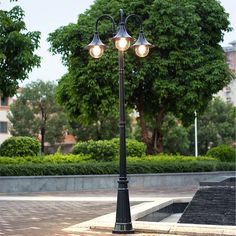 a lamp post with two lights on top of it in the middle of a park