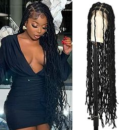 Elevate your style with our Faux Locs Wig! This 40-inch braided lace wig features square knotless braids and baby hair for a natural look. Perfect for women, it's a full, double braided lace front wig in classic black. Designed for comfort and durability, it's ideal for everyday wear or special occasions. Enhance your beauty and confidence with this versatile wig that's sure to turn heads wherever you go. Experience effortless elegance and standout style with our exquisite braided wig! Braided Locs, Braided Lace Front Wigs, Double Braid, Knotless Braids, Wigs For Women