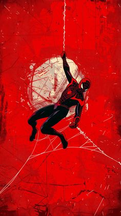 a spider - man hanging from a rope in front of a full moon and red background