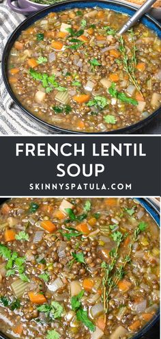 french lentil soup with carrots, potatoes and parsley in a blue bowl