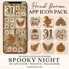 an iphone with halloween icons on it and the words spooky night written below