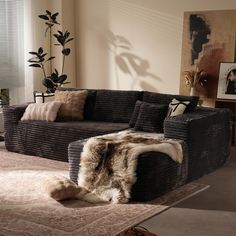 a living room filled with furniture and a rug on top of a carpeted floor