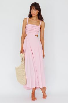 Shop the Kassi Gathered Bodice Maxi Dress Blush | Selfie Leslie Pastel Sundress, Soft Boho Aesthetic, Pastel Summer Dresses, Brunch Fits, Weekend Lunch, Blush Maxi Dress, Yellow Bridesmaid Dresses, Selfie Leslie, Gathered Bodice