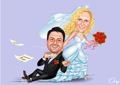 a wedding caricature with a bride and groom