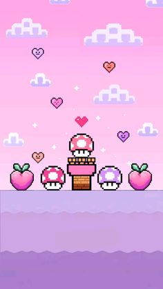 an image of mario's mushroom land in the nintendo wii game, with hearts flying above