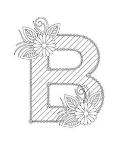 the letter b is decorated with flowers and leaves, outlined in black on a white background