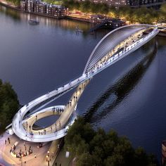 an artist's rendering of a pedestrian bridge over a river in the city at night