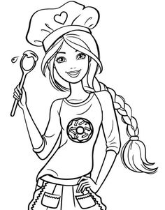 a girl with a chef hat and cooking utensils in her hand coloring page