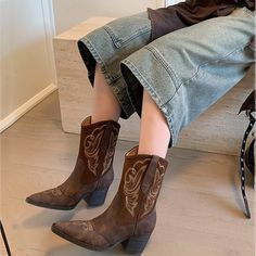 Embrace A Western Cowboy Style With These Pointed-Toe, Mid-Calf Boots Crafted From Premium Quality Leather. Designed To Enhance Your Leg Shape, These Boots Feature A 65mm Heel That Adds Height And Creates A Balanced, Flattering Proportion. Combining Fashion And Vintage Appeal, These Boots Are Perfect For Making A Statement, Offering Both Timeless Style And Modern Elegance. Color: Brown/ApricotMaterial: Cowhide&Suede Cowhide LeatherLining: Genuine Leather/Short Plush LinedSole: RubberHeels: 6.5 cm/2.56"Tube Height: 17.5 cm/6.89"Tube Circumference: 31 cm/12.20"Weight:Fit: Medium to Wide, Runs Normal.Origin: Made in China Production Time: About 5-7 days (Any exceptional case will email you, Please pay attention to your email left) Shipping Time: Free Shipping To most locations, delivery time Womens Western Boots, Boots Mid Calf, Western Boots Women, Leather Short, Cowboy Style, Cow Girl, Leather Shorts, Calf Boots, Mid Calf Boots