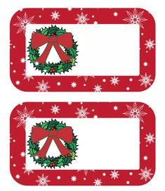 two red and white christmas tags with holly wreaths, bows and snowflakes