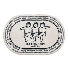 a bath mat with three children on it and the words bathroom written in black ink