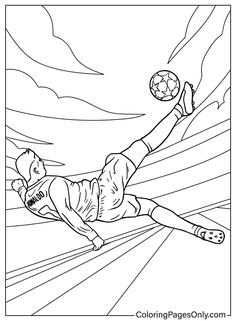 a coloring page with a soccer player kicking the ball in mid air and mountains in the background