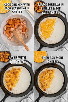 four pictures showing how to cook chicken in a skillet with cheese and other ingredients