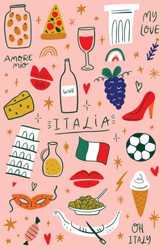 a pink poster with different types of food and drinks on it's side, including wine