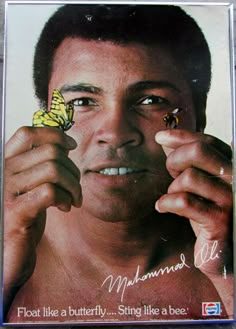 a man holding a butterfly in front of his face with the caption'float like a butterfly sting like a bee '