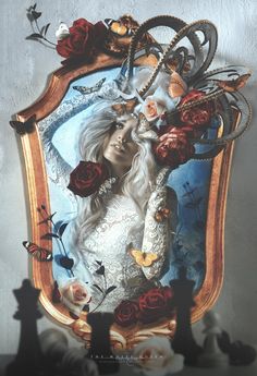 a painting of a woman with flowers on her head in front of a framed mirror