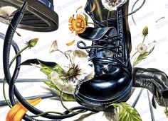 a pair of black boots with flowers and leaves on the ground next to a hat