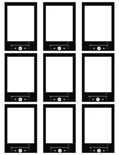 nine black and white frames with buttons on the front, back and side sides are shown