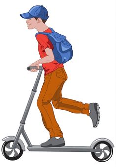 a man riding an electric scooter with a blue backpack on it's back