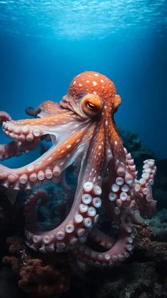 an octopus is swimming in the ocean with its tentacles stretched out and it's eyes open