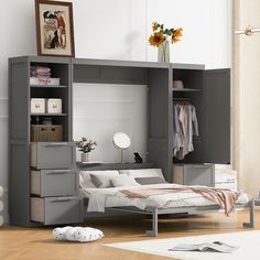 Queen Size Murphy Bed Wall Bed with Closet, Drawers and Shelves Bed With Closet, Queen Size Murphy Bed, Murphy Bed Wall, Cluttered Bedroom, Bed With Wardrobe, Murphy Wall Beds, Grey Bed Frame, Queen Murphy Bed, Modern Murphy Beds