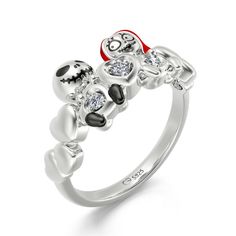 The design inspiration derives from the loving skull couple of the well-known Halloween movie. This ring features three bright stones with heart-shaped frame, and a row of irregularly-arrayed silver hearts surround the lovely couple sitting in the center. The unique band is perfect for Halloween, Christmas, Valentine, or anniversary's gift, to celebrate your everlasting love story. May his/her love always be with you! Carat Weight: 0.197 ctStone Size: 1.5,1.8 mmStone Type: Jeulia® StoneNumber of Stones: 3 Stone Color: Diamond WhiteStone Shape: RoundWeight: 3.57 gWidth: 2.7 mmHeight: 3.1 mmThickness: 1.3 mmMaterial: 925 SilverPlating Color: Silver, Black Heart Skull Rings, Luxury White Gold Skull Ring For Anniversary, Skull Couple, Couple Sitting, Heart Shaped Frame, Halloween Movie, Unique Bands, Lovely Couple, Everlasting Love