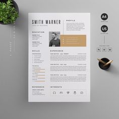 a clean and modern resume template with an orange stripe on the front, yellow stripes on the back