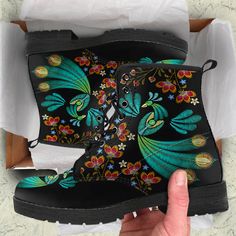 Animal Boots, Peacock Shoes, Shoe Painting, Plastic Boots, Save The Elephants, Trendy Boots, Custom Boots, Vegan Boots, Stylish Boots