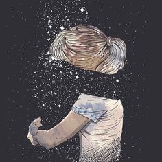 a drawing of a girl with her hair in the air and stars above her head