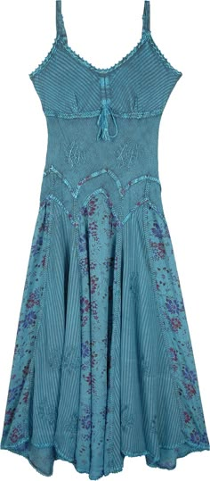 Tipsy Teal Rodeo Long Fit and Flare Dress | Dresses | Blue | Sleeveless, Embroidered, High-Low, Floral Teal Dress Casual, Dress Medieval, Kashmiri Embroidery, Teal Dresses, Sleeveless Cotton Dress, Blue Sundress, Pretty Embroidery, Hippie Dress, Bohemian Bags