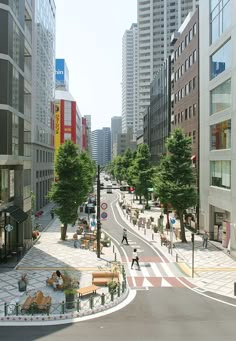 an empty city street with people walking and sitting on benches in the middle, surrounded by tall buildings