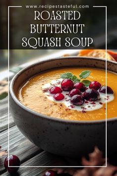 roasted butternut squash soup with cranberries in a bowl on a wooden table